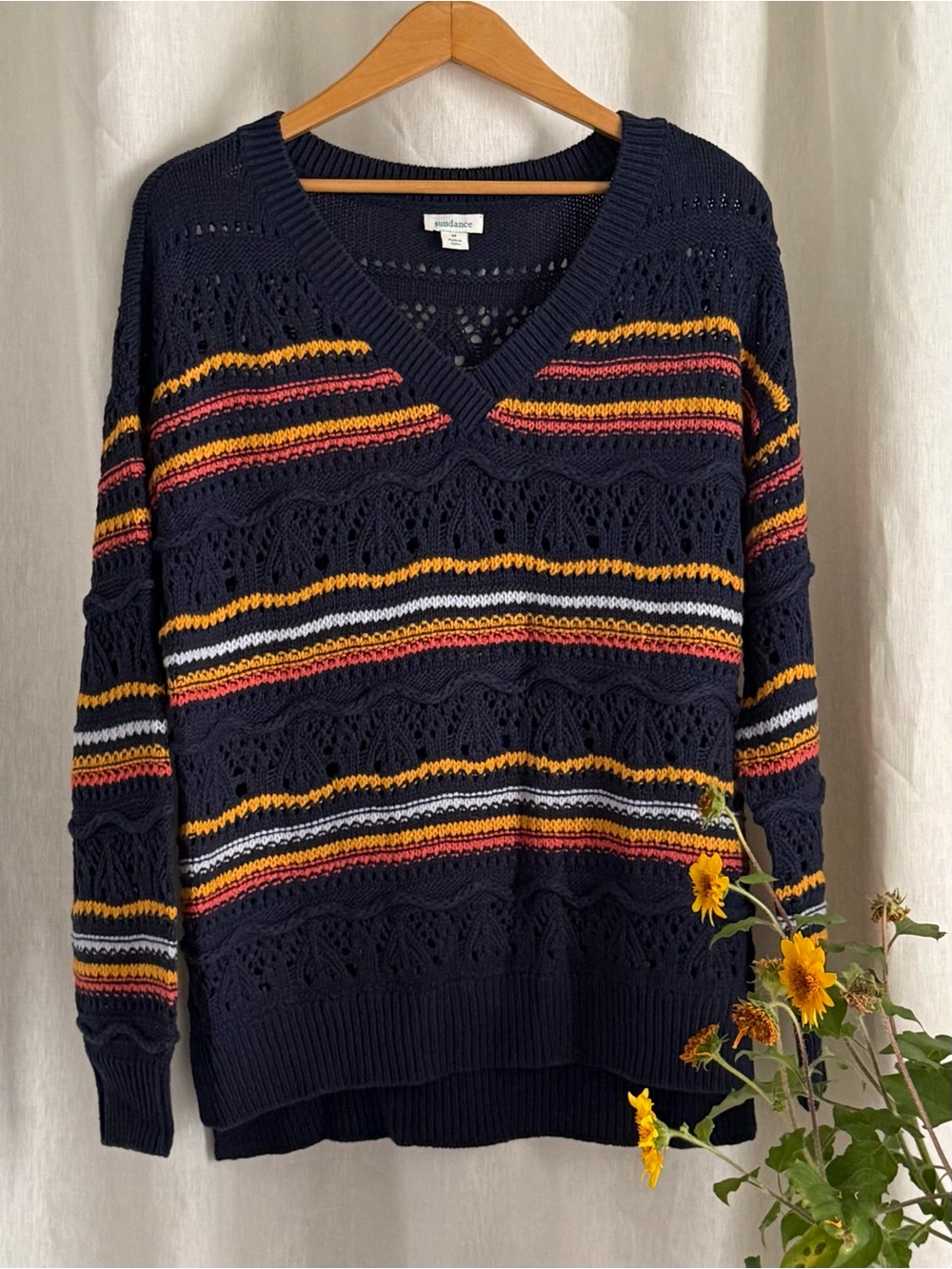 Sundance Open Knit Sweater M Navy Colorful Striped Cotton Boho Pointelle V Neck